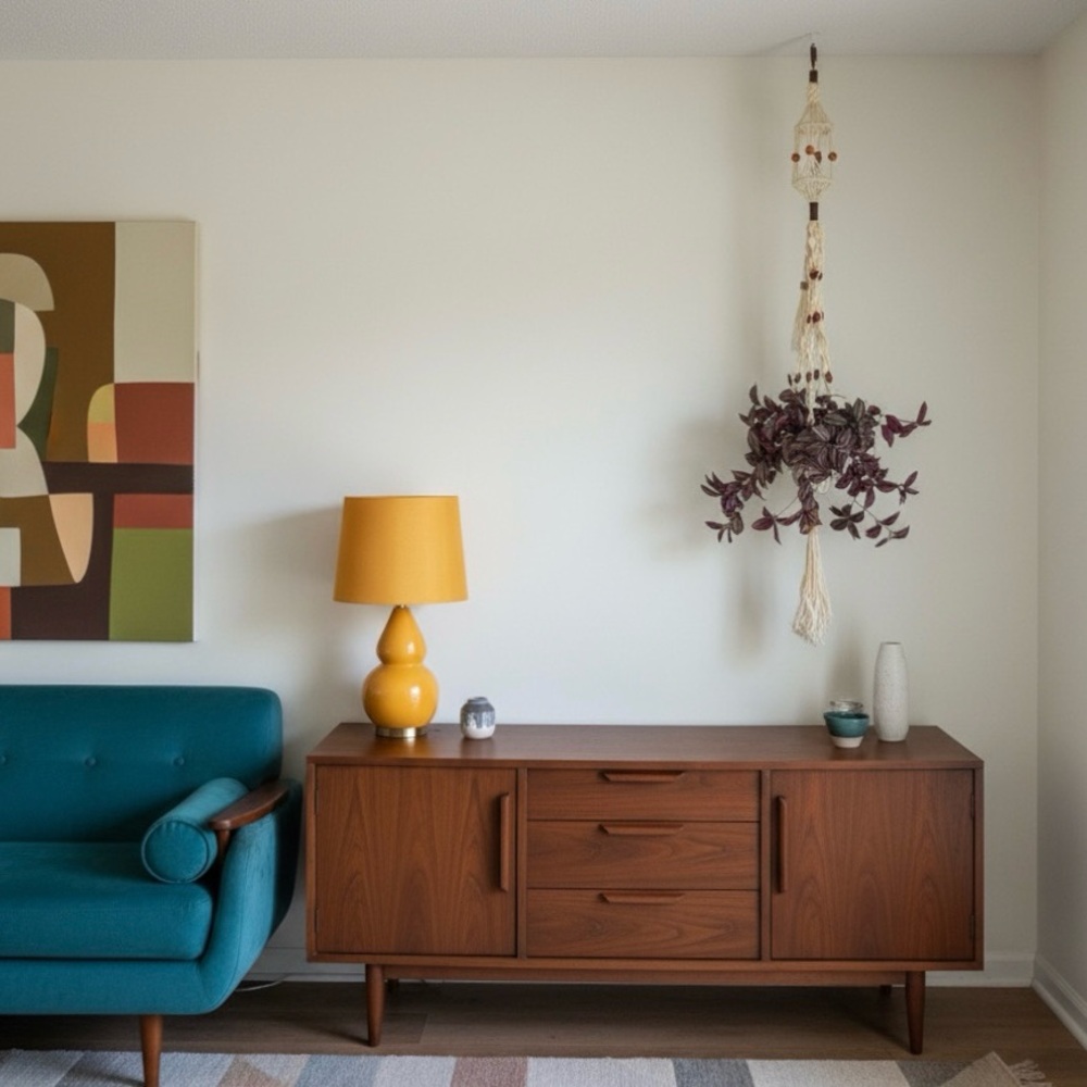 MCM HANDCRAFTED Macrame Plant Hanger 76" Bead Owl Detail Mid Century Boho Decor